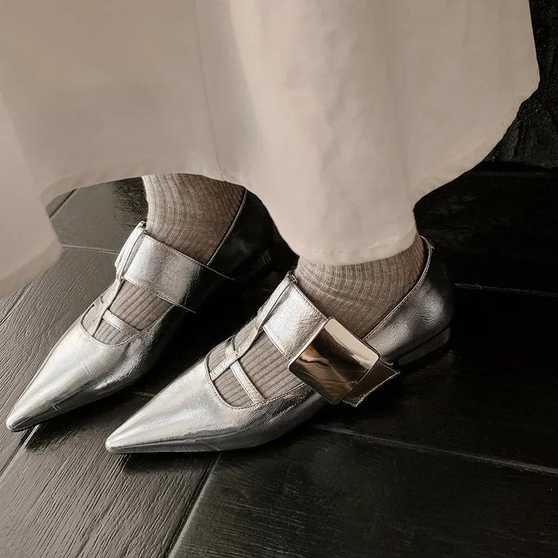 

2025новая весна осень женские туфли-лодочки натуральная кожа 22-24,5см коровья кожа+овчина+свиная кожа острый носок Т-образный ремешок пряжка туфли Джейн 40 серебряный