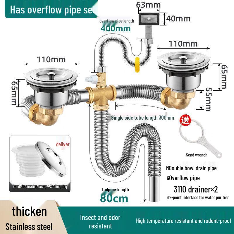 TLXT Edelstahl Doppel Küchenspüle Abflussrohr Set