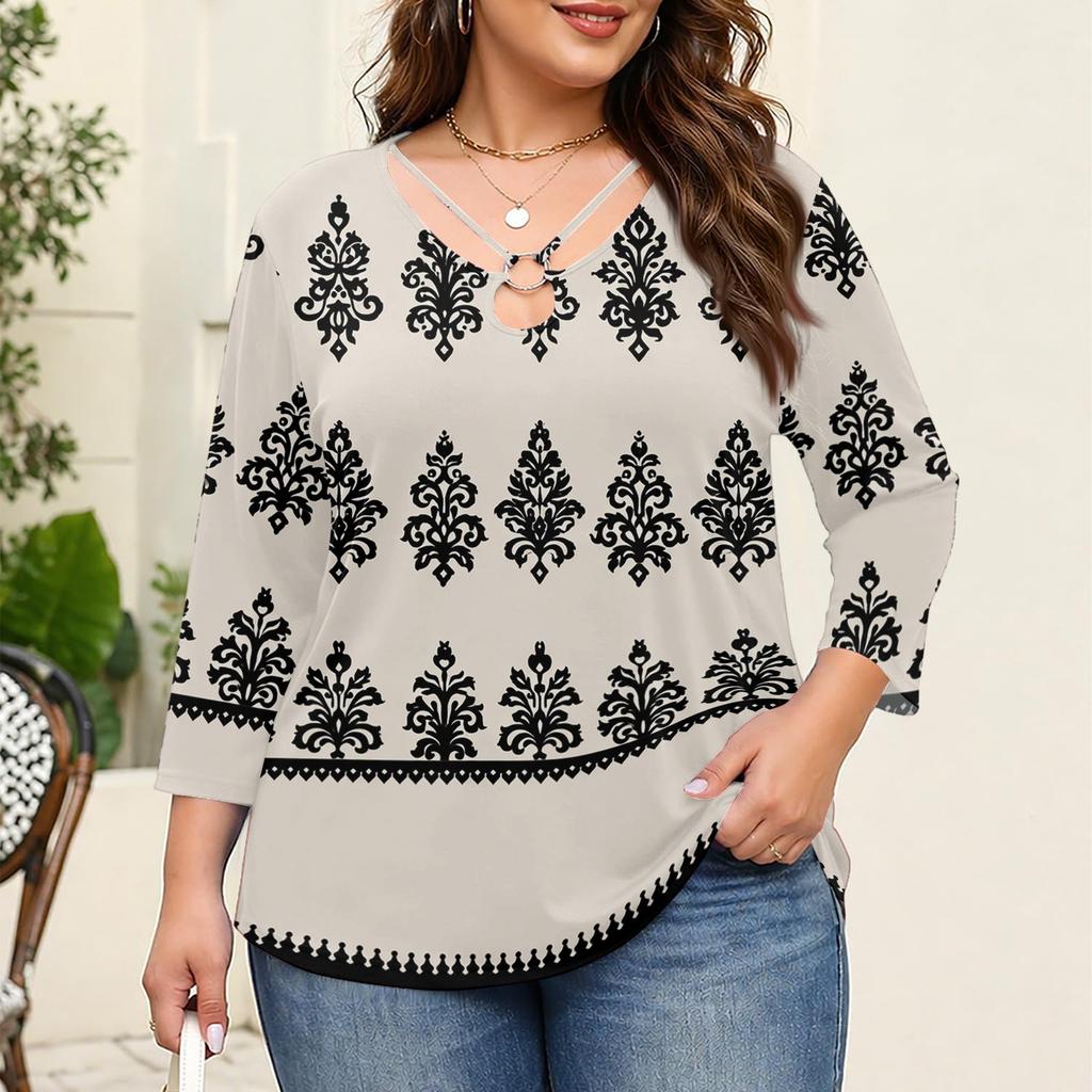 Blusa Floral Feminina Plus Size com Manga Três Quartos, Blusa Casual, Túnica de Corte Amplo para Primavera Verão, Uso Diário, Trabalho e Saídas