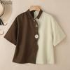 ZANZEA Damen Lässig Umlegekragen Sommer Kurzarm Patchwork Bluse