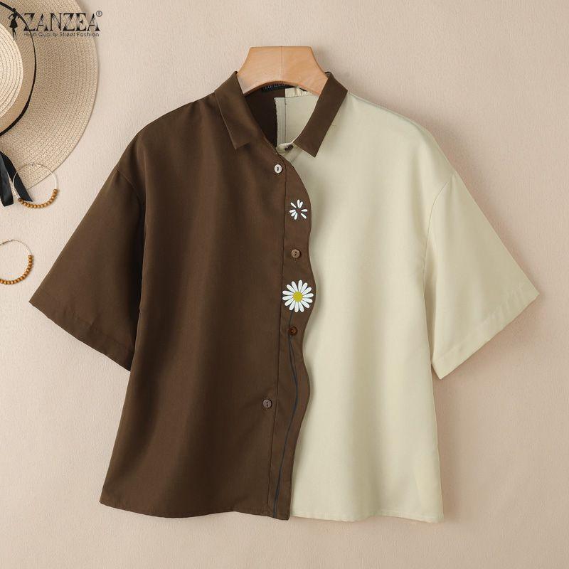 ZANZEA Damen Lässig Umlegekragen Sommer Kurzarm Patchwork Bluse