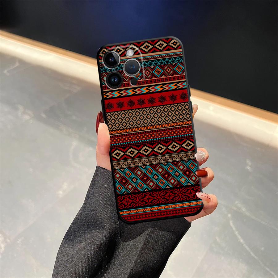 Case for iPhone 7 8 17Air 13 12 11 17 Pro Max XS Max XR 15 16 14 Plus Black Soft Phone Cover Retro Ethnic Totem Pattern