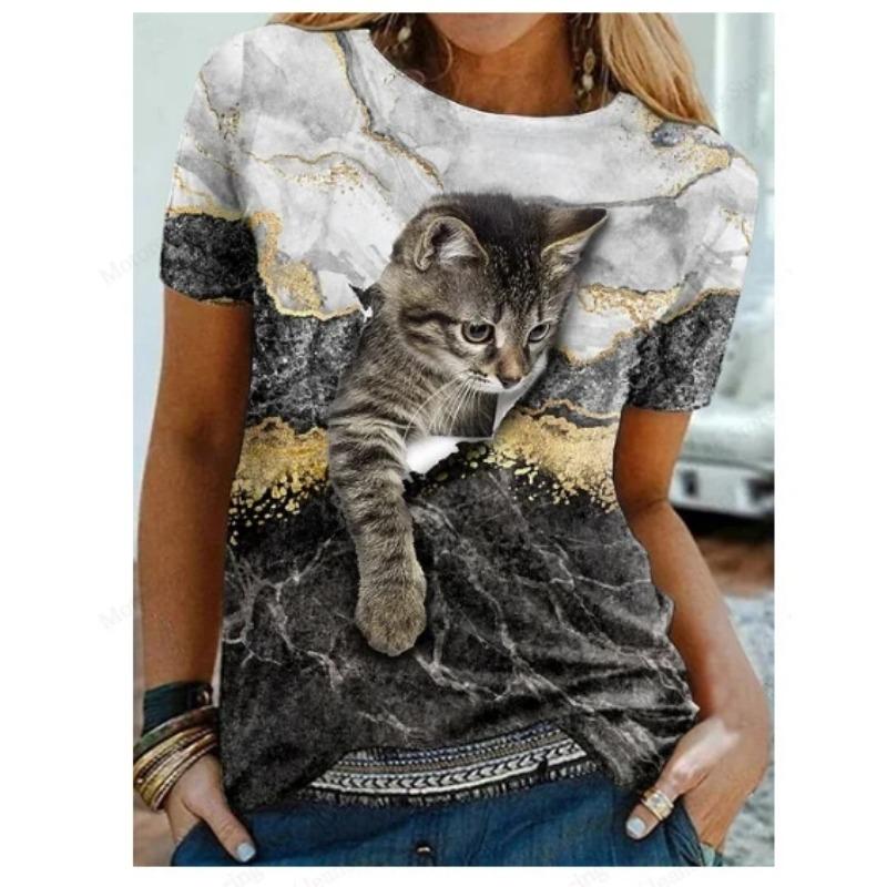 Summer Round Neck 3D Cat Print Top Fashionable Casual Short Sleeved Women's T-shirts
