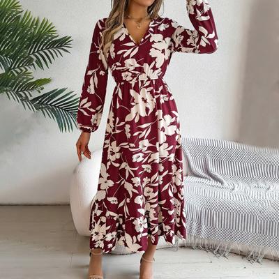 Lady Spring Fall Dress V Neck Floral Print Long Sleeves High Tight Waist A-line Flowy Ruffle
