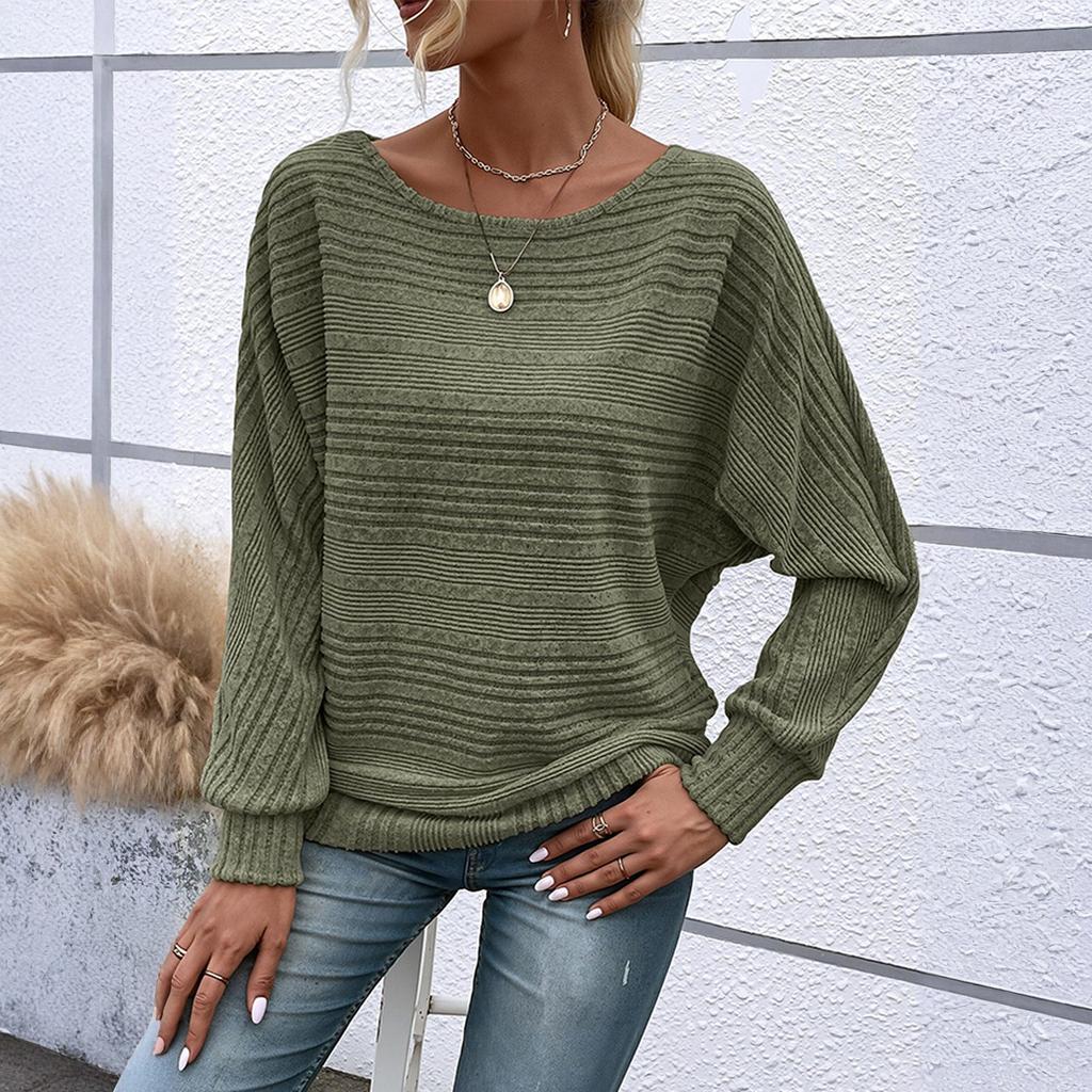Women's Fashionable Solid Color Round Neck Long Sleeved Casual Pullover T-shirt Top