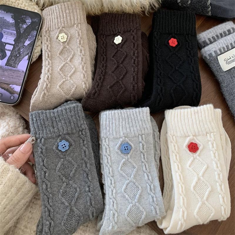 Twist Button Wool Socks Children'S Medium Tube Socks Korean Thickened Warm Maillard Long Texture Stacking Socks