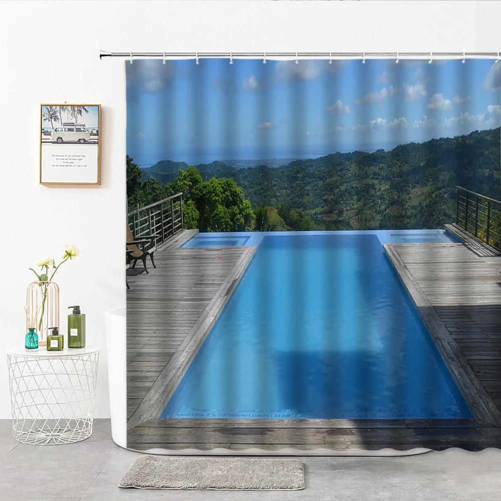 Swimming Pool Pattern Shower Curtain Exotic Ocean Bathroom Curtains Polyester Bathtub Screens Home Decoration with Hook