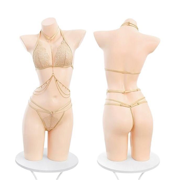 Sex underwear, sexy pure desire, naked buttocks, heart hanging chain, lace three-point bra, underwear set.