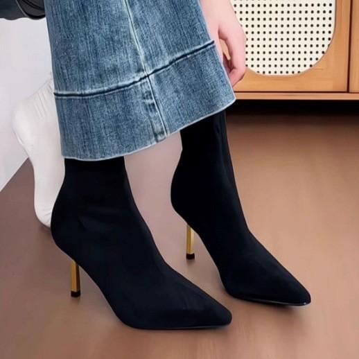 Winter thin boots women's banquet high heel boots Internet celebrity black thin heel tube elastic boots personality pointed versatile