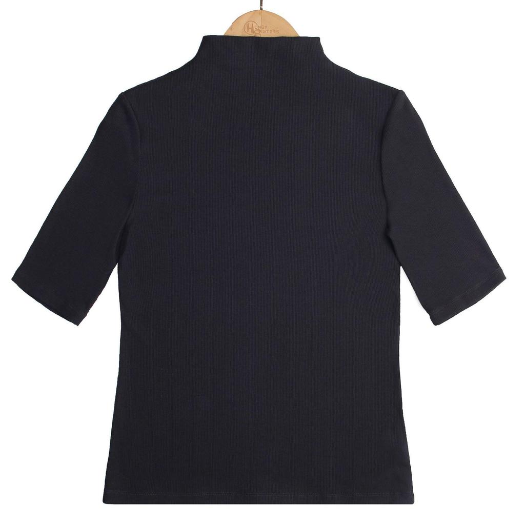 Women's Half-High Collar Ribbed Shirt: Mid-Length Sleeves, High Elasticity, Perfect for Autumn/Winter.