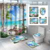 Rideau de douche étanche en polyester motif plage ensoleillée avec crochets Tapis de bain antidérapant doux Couvercle de lunette de WC Décoration de la maison