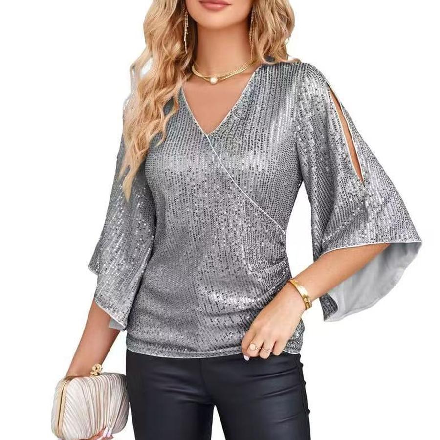 New Loose Long Sleeve Shiny T-Shirt Women Sleeveless Set