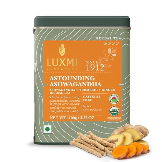 LUXMI Estates Astounding Ashwagandha Root Herbal Tea – 100g Loose Leaf Pack | USDA Organic | With Turmeric, Ginger, Lemongrass & Herbs | 50 Cups
