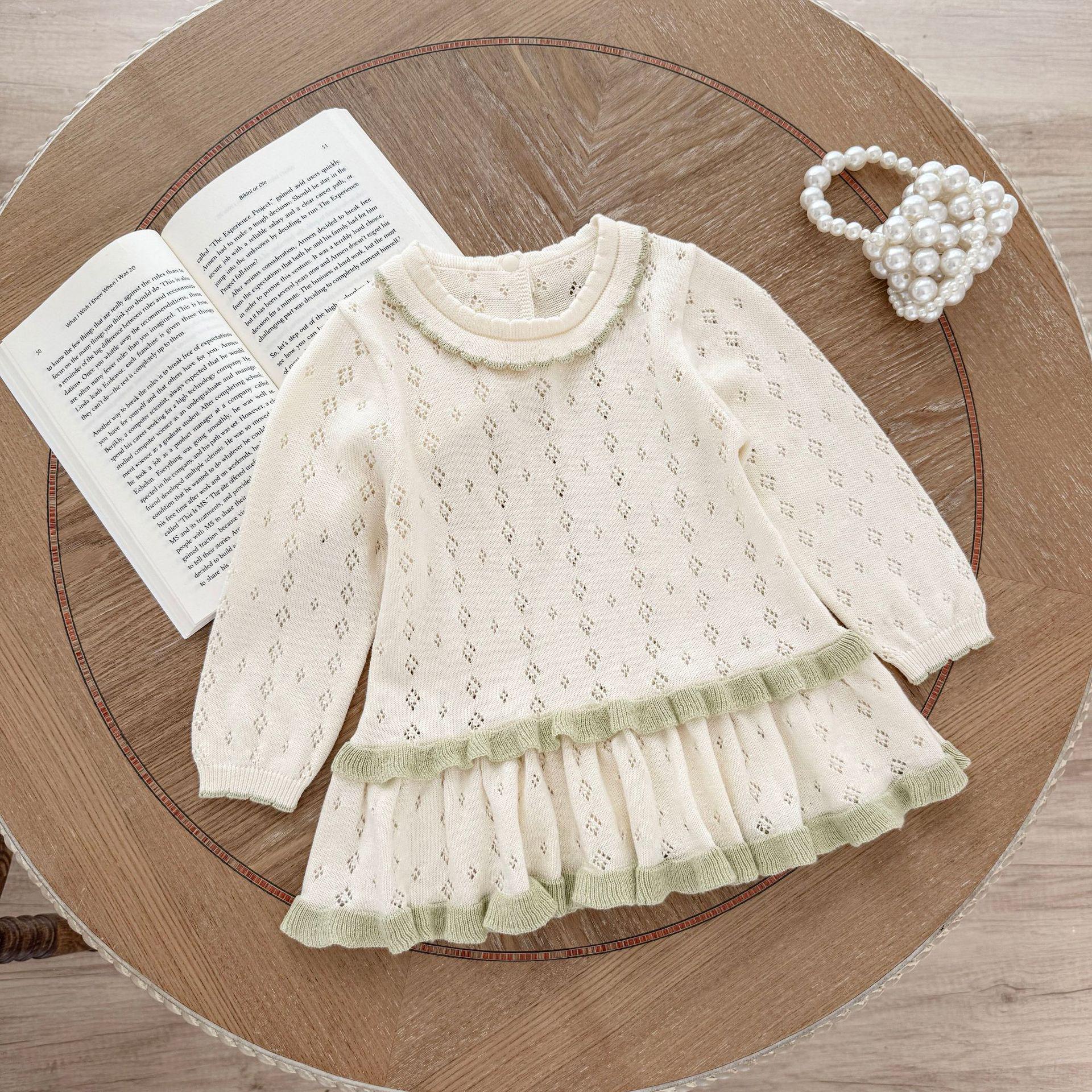 

Весенне-летнее платье из хлопкового трикотажа с длинным рукавом для девочек, лидер продаж: Ажурный приталенный крой 73 cm белый/абрикосовый