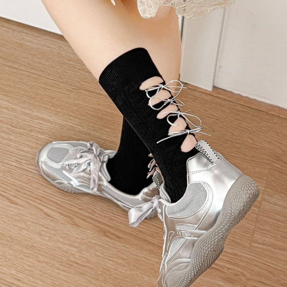 

Ballet Style Mid Calf Socks Sweet Ripped Lacing Socks Absorb Sweat Cotton Socks for Women Summer сірий