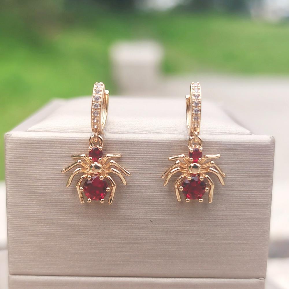

1 пара сережек-подвесок в виде зеленых/красных/белых пауков для женщин, ювелирные изделия из кубического циркония, повседневные аксессуары красный