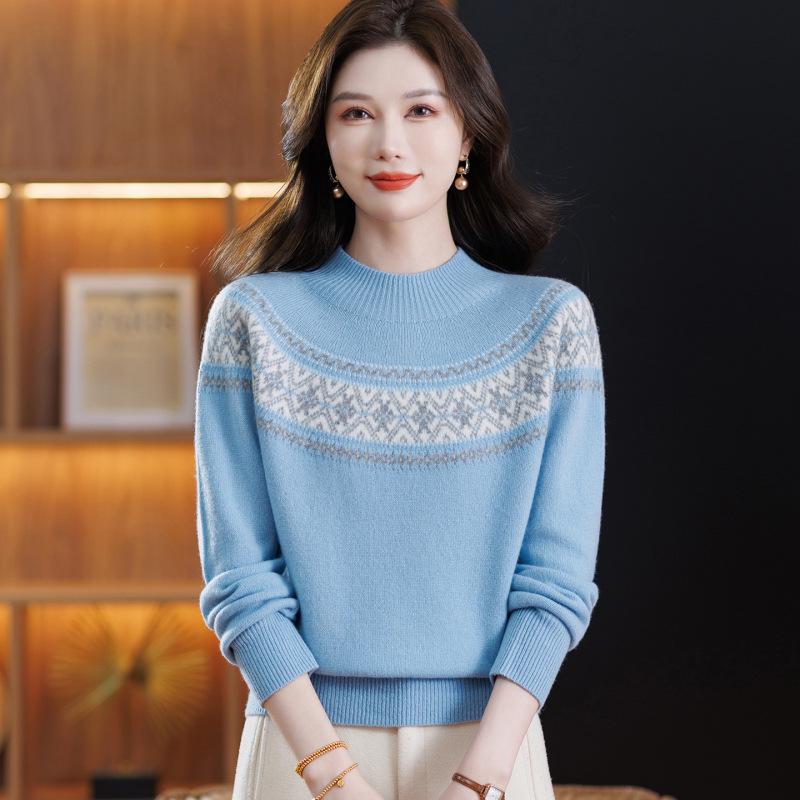 Women's Petite Jacquard Knit Wool Sweater - Autumn/Winter, Half-High Collar, Slimming Base Layer