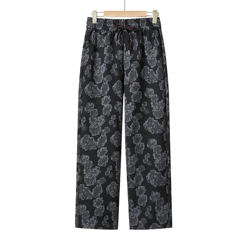 Elderly Women's High-Waist Floral Straight Pants