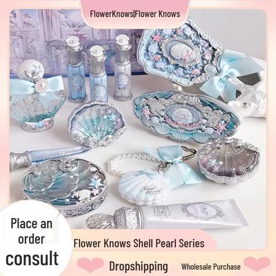 Flower Knows Pearl Satin Blush, Lip Glaze, Eyeshadow, Highlighter, Under-eye Pen, Perfume, Color Correcting Emulsion.