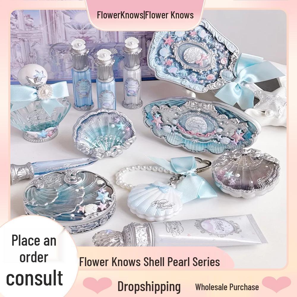 Flower Knows Pearl Satin Blush, Lip Glaze, Eyeshadow, Highlighter, Under-eye Pen, Perfume, Color Correcting Emulsion.