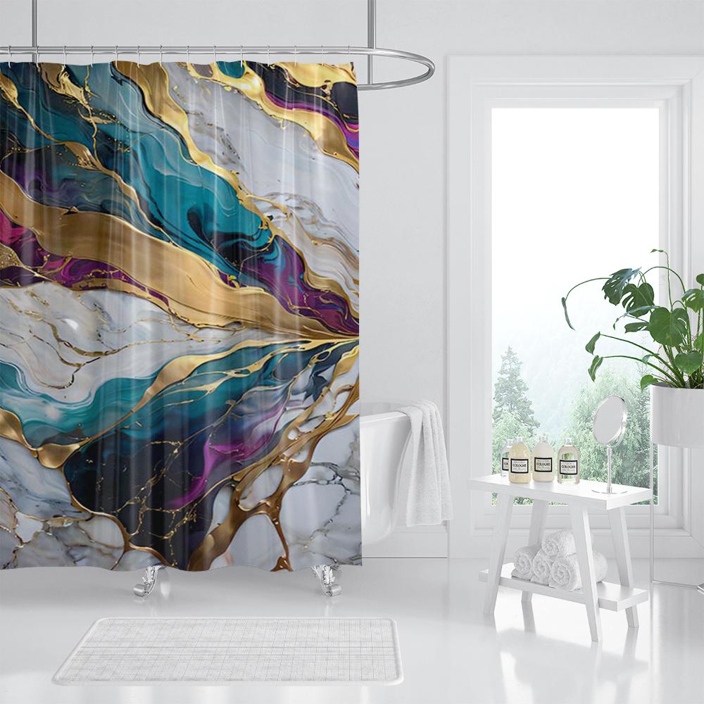 Abstract Marble Shower Curtains Creative Geometric Design Blue Purple Watercolor Print Bath Curtain Modern Fabric Bathroom Decor