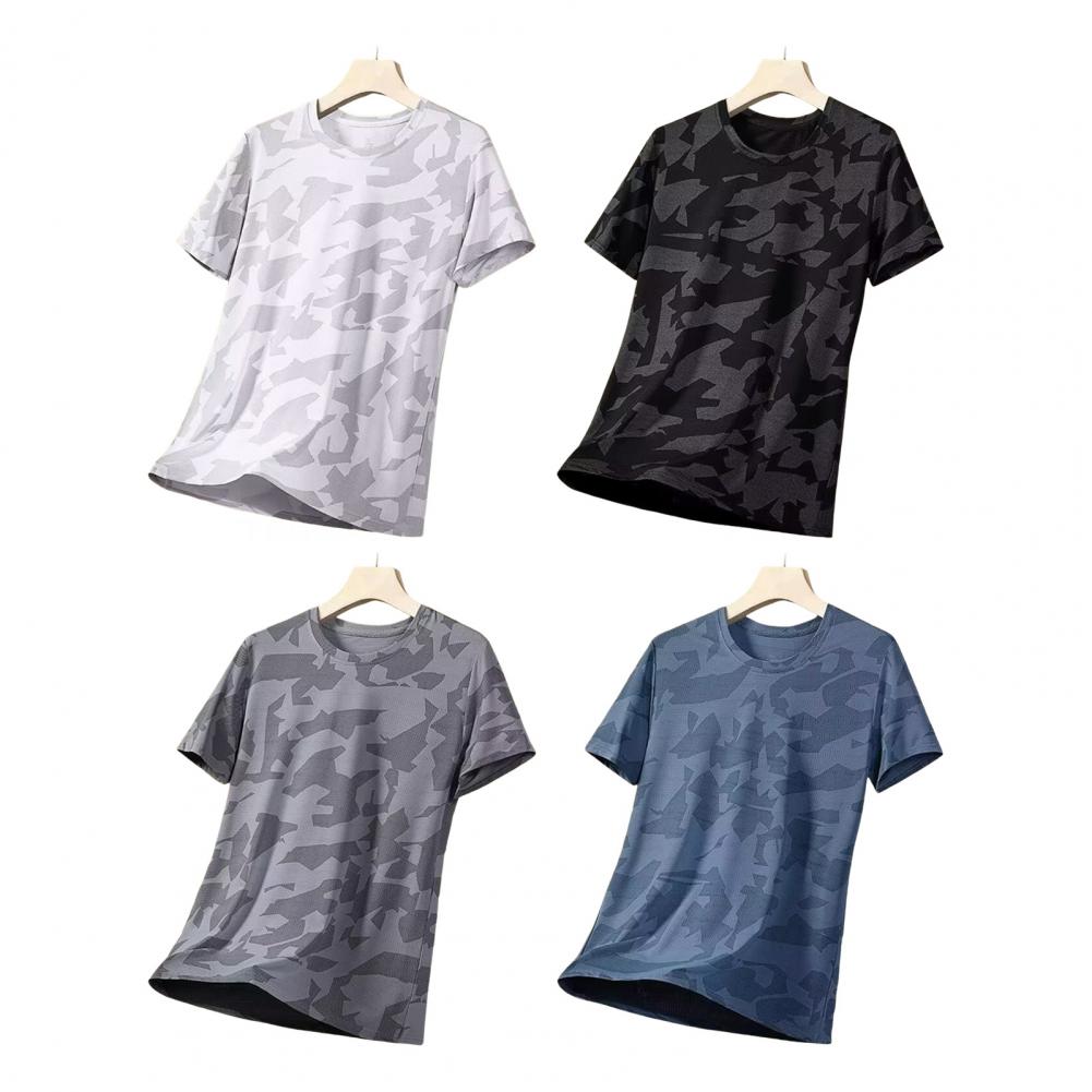 Summer Men T-shirt Round Neck Short Sleeves Thin Quick-drying Loose Camouflage Print Pullover Mid Length Casual Daily Wear Sport