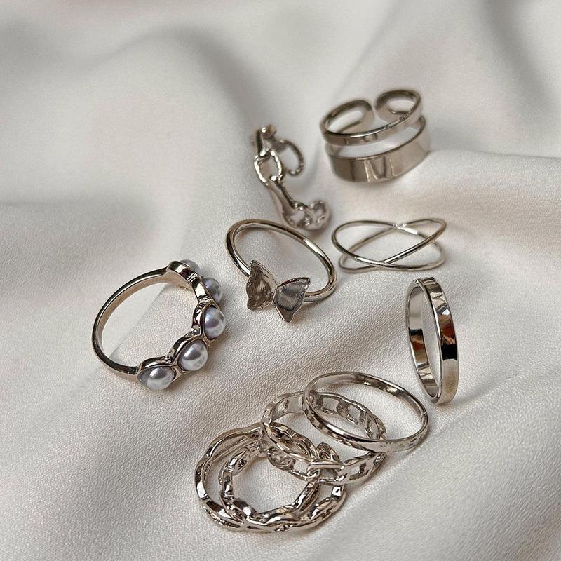 Alloy Butterfly Ring Jewelry Personalized Women's Irregular Pearl Pair Ring Stacked Wearing Ring Set