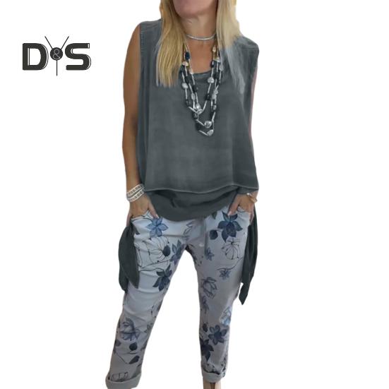 Dames 2-delt loungesett Ermeløs asymmetrisk kant tanktopp Blomsterprintede joggebukser Sett Casual løst antrekk for vår sommer