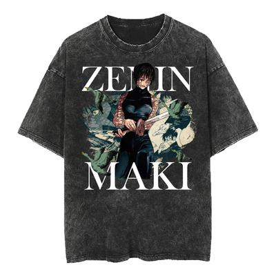 Harajuku Anime Jujutsu Kaisen Zenin Maki Vintage Gewassen T-shirt Katoen Heren Streetwear Oversized Dames Korte Mouw