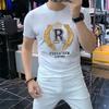 T-shirt Men's New Summer 2023 Short Sleeve Letter Crown Sequin Embroidery O-Neck Slim Red Top Luxurious Trend Party Man Clothing