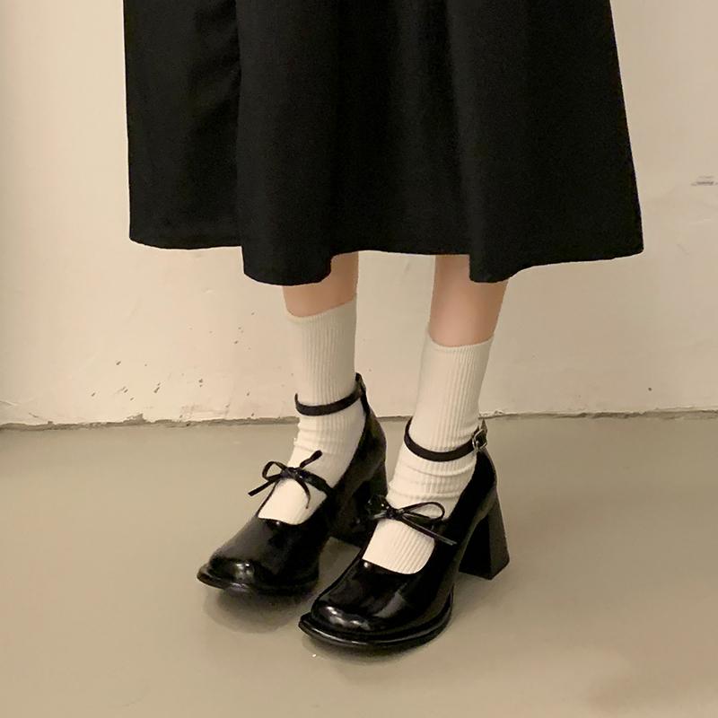 Autumn New Coarse Heel Single Shoes Women's Square Head Shallow Mouth Butterfly Knot Anti-slip Wear-resistant High Heels