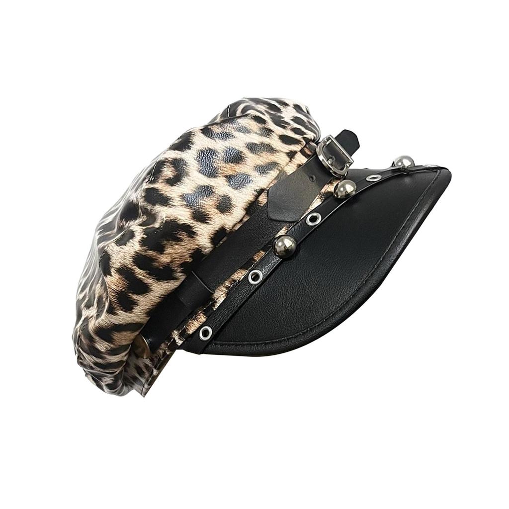 Leopards Print Studded Hat Buckles Trendy Hat Women Stylish Octagonal Hat for Trendy Women