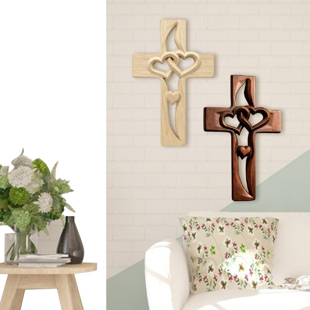 Hand-Carved Intertwined Heart Wooden Cross Handmade Wood Hanging Cross Wall Decor Marriage Cross for Wedding Valentines Day Gift