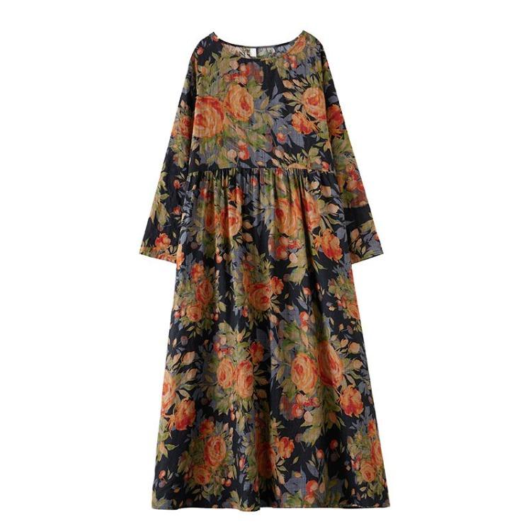 Floral Print Vintage Maxi Dress for Women Plus Size Spring Summer Loose Long Dress