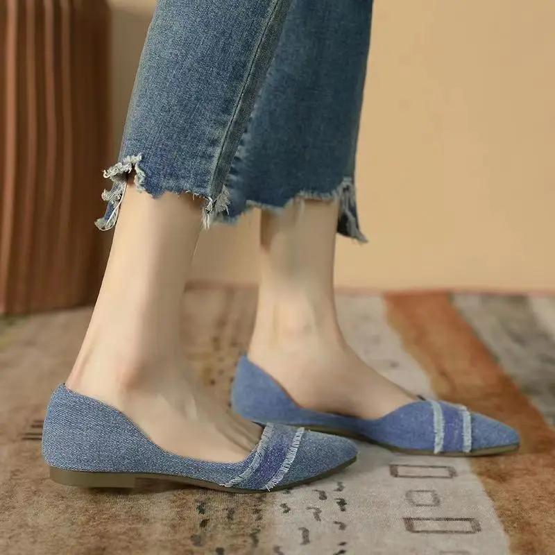 Fashion Denim Pointed Toe Blue Ladies Footwear Elegant Party Solid Color Social Fashionable 2025 Trend Chic Point 39 Women's Flat Shoes