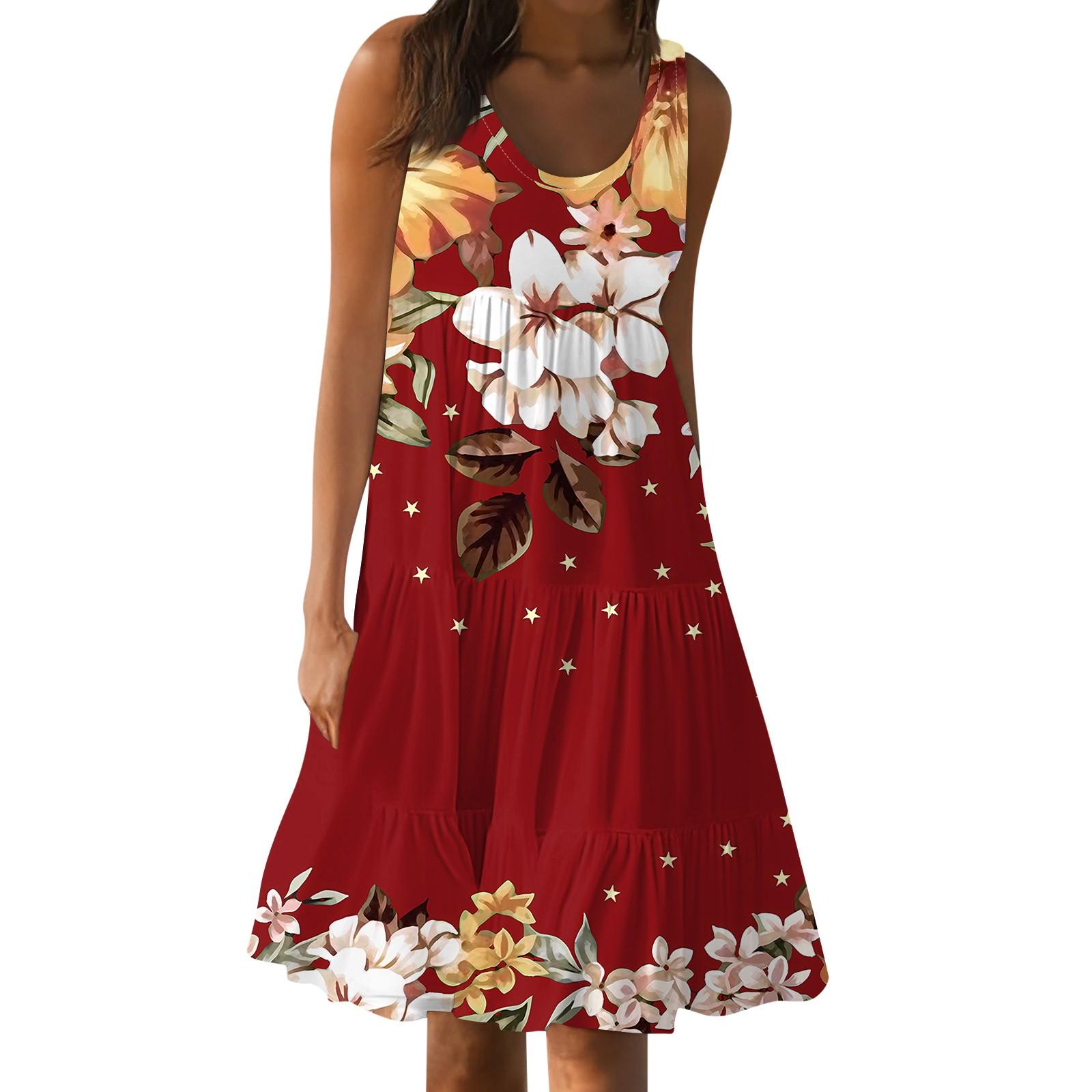 

Гавайська сукня для жінок, літо, весна, плісировані богемні сукні, милі без рукавів, прямі пляжні сукні-майки, круглі вирізи XXXL винний