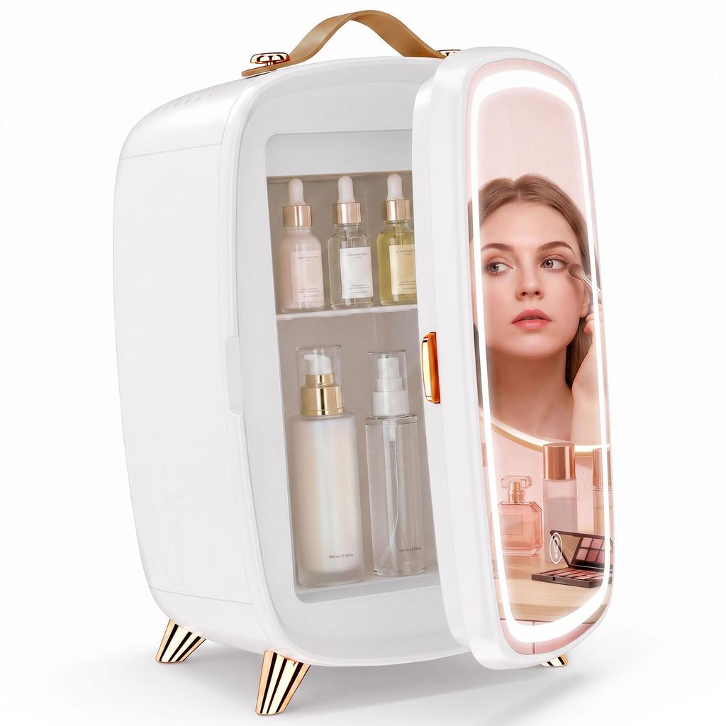 Skincare Refrigerator, 6L Mini Cosmetic Fridge with LED Mirror, Cooling Function for Bedroom, Skincare, Office, White