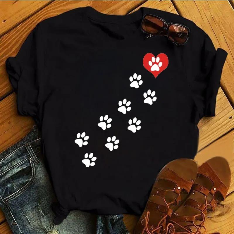 Womens CartoonTshirt Colorful Heart AndDog Paw Print Tshirt Womens Summer Tshirt 90s Girl ShortSleeve Tshirt Black Tshirt