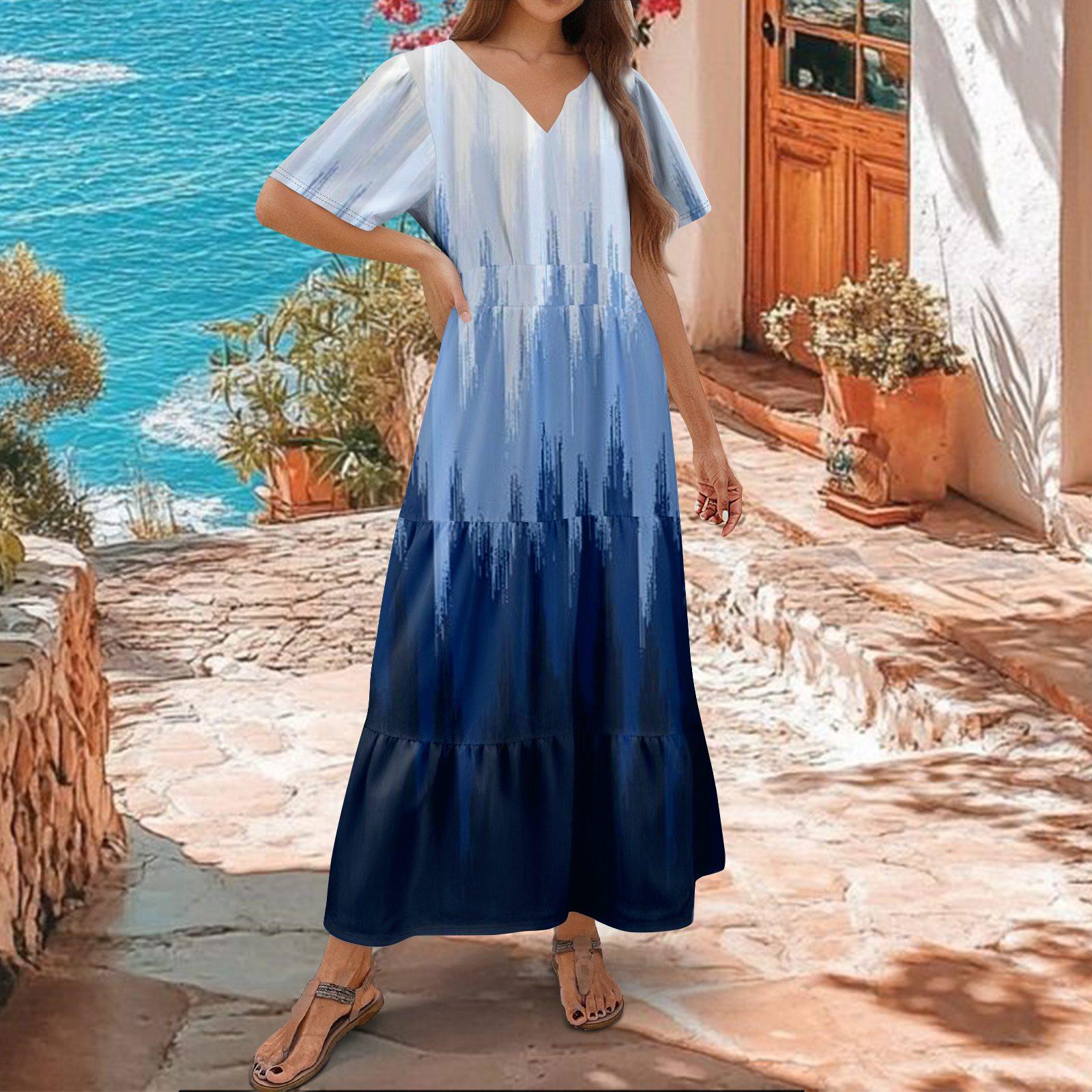 

Женское летнее цветочное платье макси с V-образным вырезом, коротким рукавом, высокой талией, А-силуэта, многоярусное, струящееся, бохо, для отпуска S