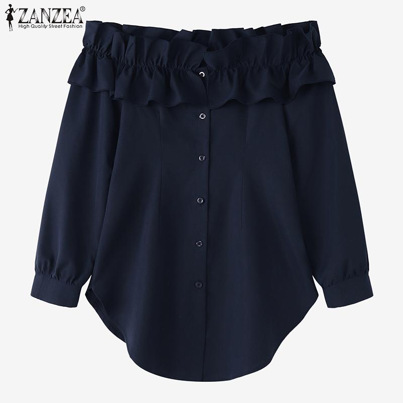 ZANZEA Blusa Casual de Manga Larga con Hombros Descubiertos para Mujer