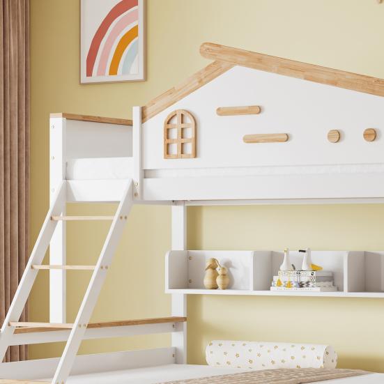 Double Layer Bed Bunk Bed Children with Color-Contrasting Safety Rail Two Drawers Mother Child Window Four-Step Inclined Ladder And Open