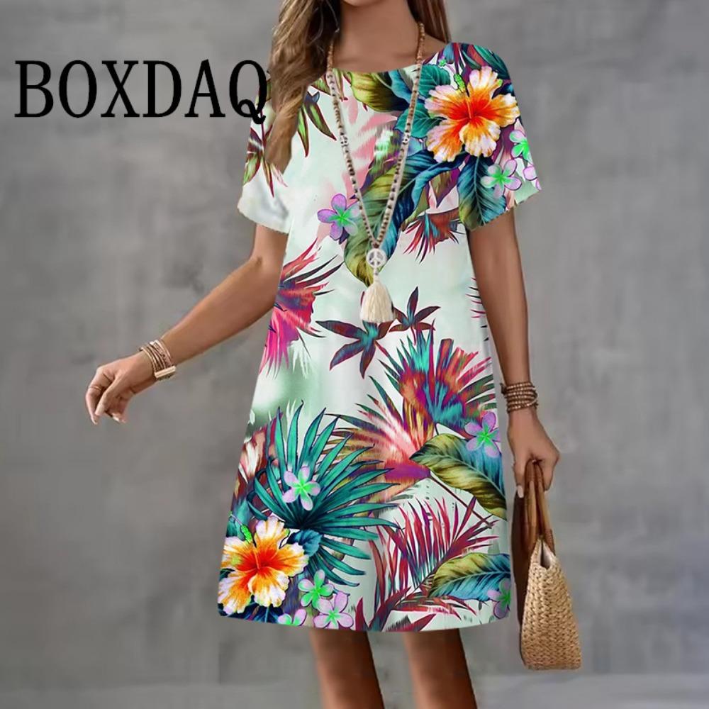 

Летняя женская одежда Платья с коротким рукавом Цветочный принт Платье миди 3D Ретро женская одежда Свободный повседневный круглый вырез Пуловер 3XL