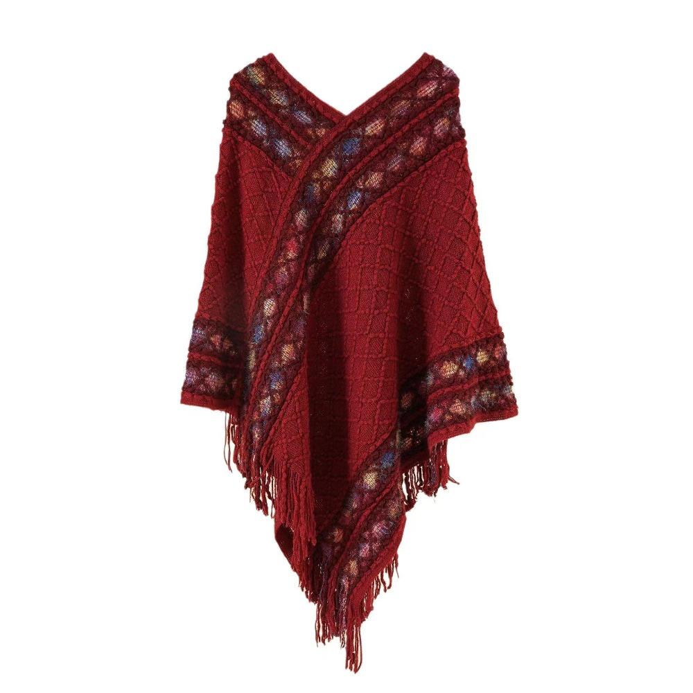 Stripe Knitted Cape Printing Tassel Scarves Simple Ethnic Style Scarf  Autumn Winter