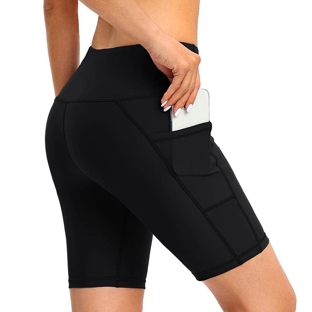 Pantaloncini da bagno neri da donna modesti con tasche, Pantaloni da yoga sportivi a vita alta