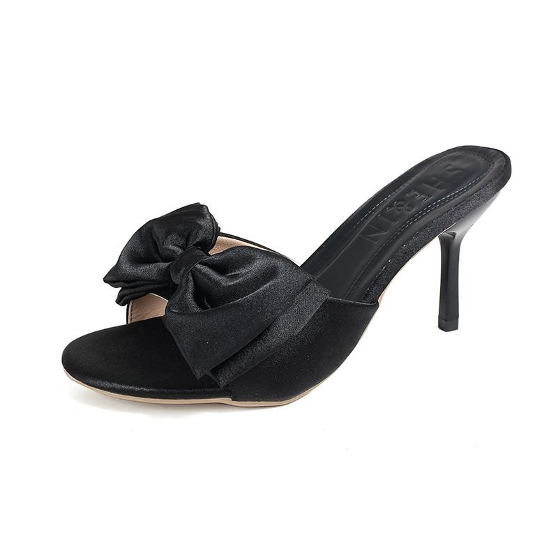 Fashion Stiletto Open Toe One Bow Slippers Women's Summer New Outside Wear Round Toe Anti-slip Wear-resistant High Heels