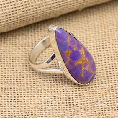 Incroyable bague en argent sterling 925 faite à la main avec pierres précieuses violettes, cuivre et turquoise