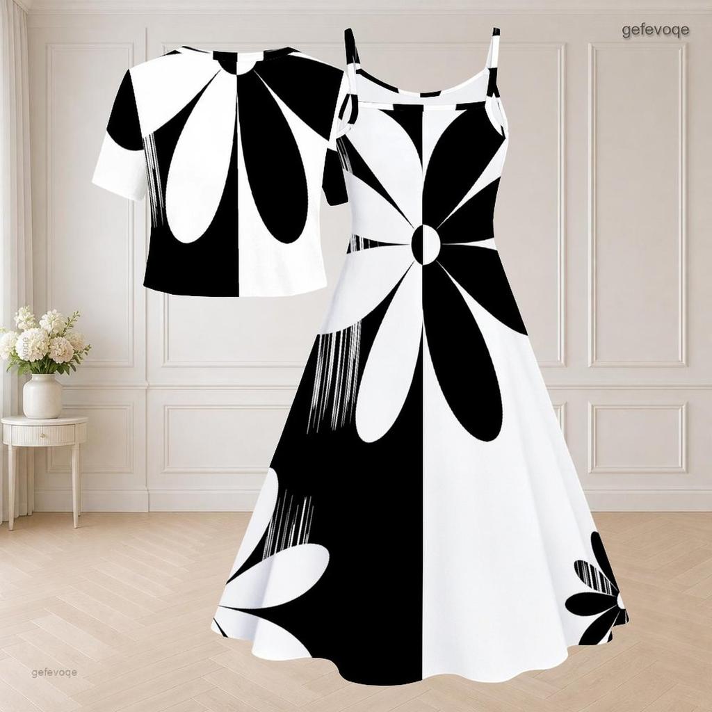 Women Plus Size Two Piece Dress Set Short Sleeve V Neck Tie Front Shrug Black White Printed Flared Dress