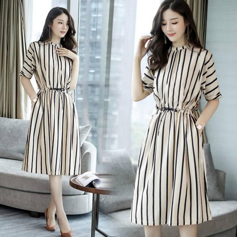 Elegant Women's Summer Dress Stylish European Design With Slim Fit Striped Pattern