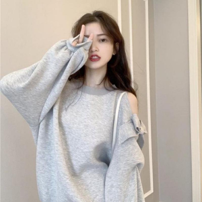 Women's White Off-Shoulder Sweatshirt Loose Fit Long Sleeve Casual Mini Dress with Pockets