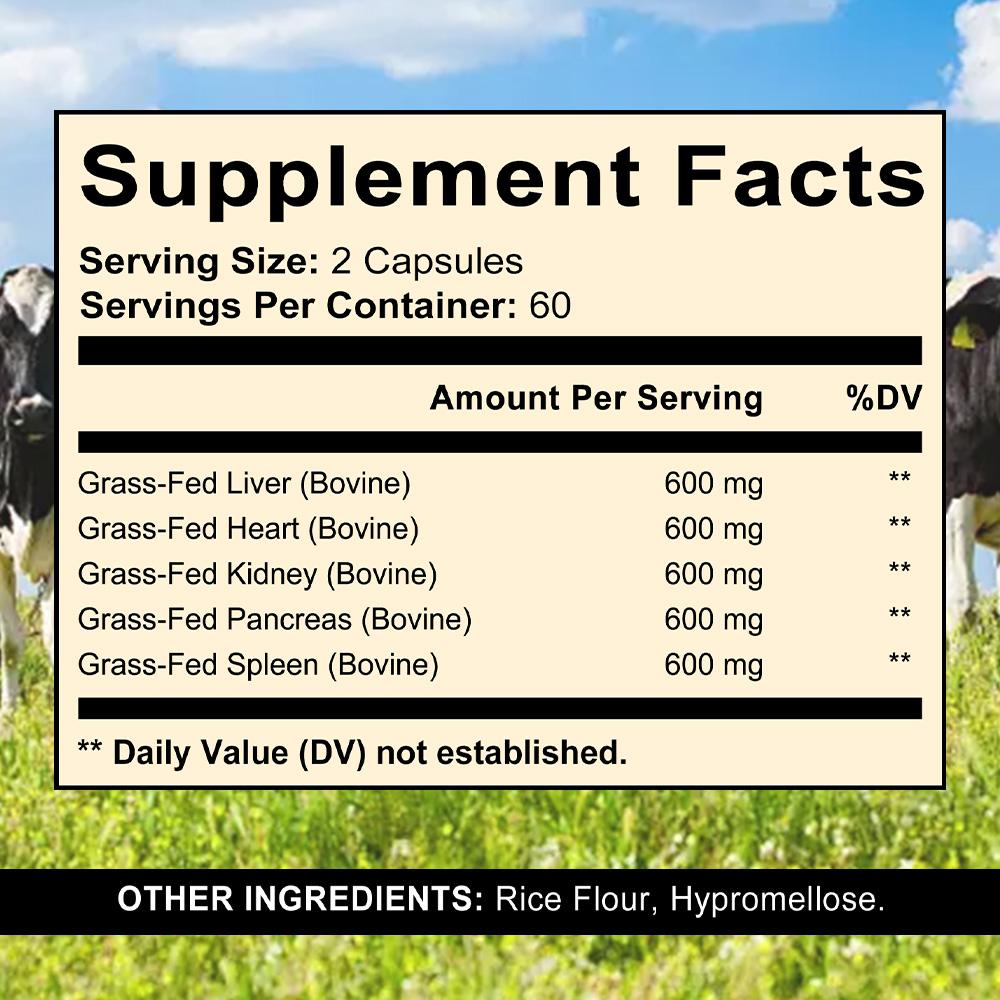 3000 Mg Grass-Fed Beef Offal Supplement, Suitable For Both Men And Women, 120 Capsules.